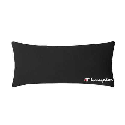 A rectangular black Jersey Body Pillow by Champion, crafted from soft jersey knit and adorned with the classic white, red, and blue Champion logo in the bottom right corner—an ideal athletic accent for any space.