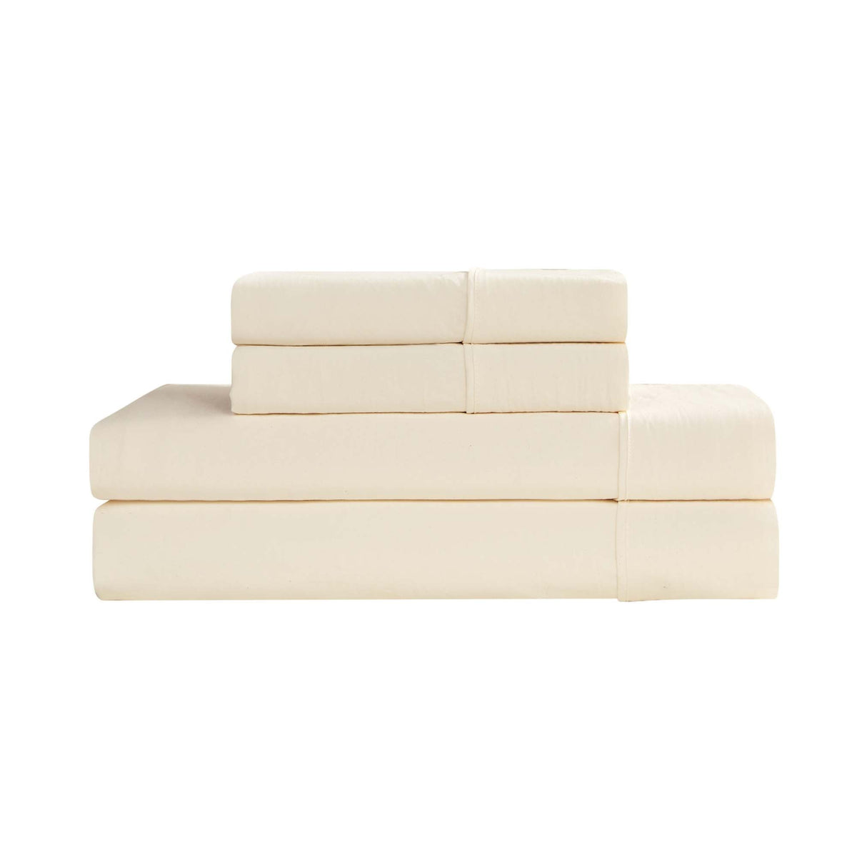 A neatly folded Champion Elastic Logo Microfiber Sheet Set, featuring two pillowcases, a flat sheet, and a fitted sheet with elastic logo detail, is stacked on a white background for everyday comfort.
