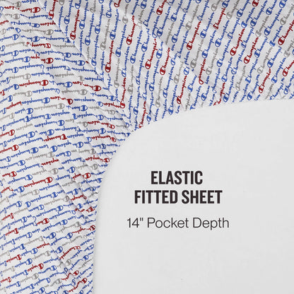 The Champion Printed Microfiber Sheet Set features an elastic fitted sheet with a 14-inch pocket depth, showcasing a bold red, white, and blue Champion logo pattern on one side and a plain white area including the product description. Enjoy exceptional comfort with these super-soft sheets—crafted for both style and everyday practicality from the Champion collection.