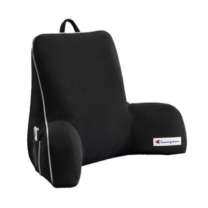 The Champion Faux Wool Backrest Pillow is crafted from soft faux wool for added comfort and features supportive arms, a side pocket, white piping, and a small Champion logo on the right arm. It also includes a convenient carry handle on top.