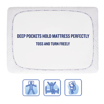 A Champion Cooling Knit Mattress Pad fitted securely on a mattress with text: Deep pockets hold your mattress perfectly in place. Enjoy freedom to toss and turn on your cooling mattress pad. Three icons display a sleeper in different positions.